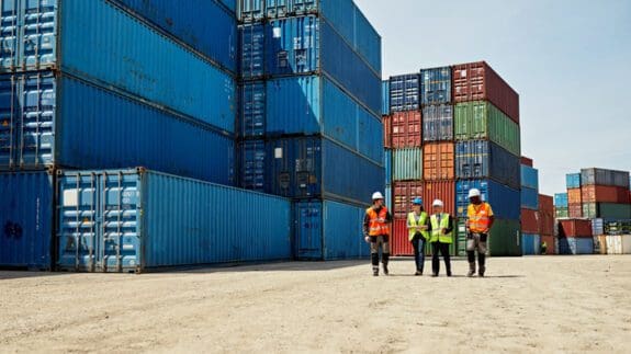 people walking in shipyard surrounded by shipping containers discussing Rules of Origin in the UK