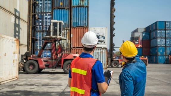 Two workers standing in a dockyard pointing and discussing imported goods