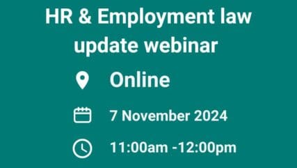 Featured image of our HR & Employment law update webinar on a teal background.