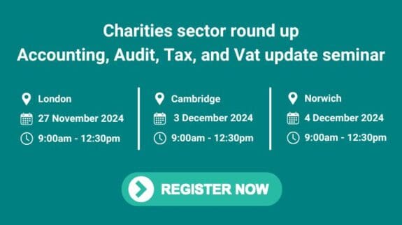 Teal background with details on our Charities sector round up seminars