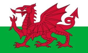 The Welsh flag - a red dragon on a split white and green background.