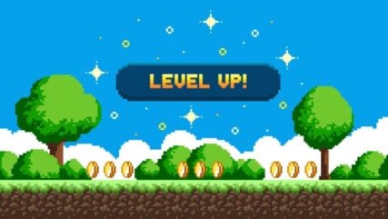 A pixel video game screen containing trees, bushes, and coins with the words 'Level up!' across the screen.